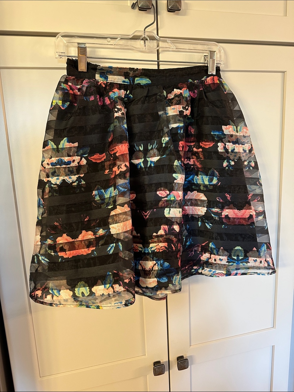 Xhilaration Black Floral overlay Striped Skirt with Colorful Bloom Print